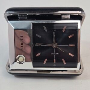Vintage Bulova Litealarm Travel Clock Folding Wind Up Alarm Japan Black Case